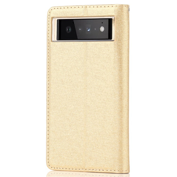 For Google Pixel 6 Anti-scratch Phone Case Anti-fall Shockproof Silk Texture Leather Wallet Cover with Strap - Gold