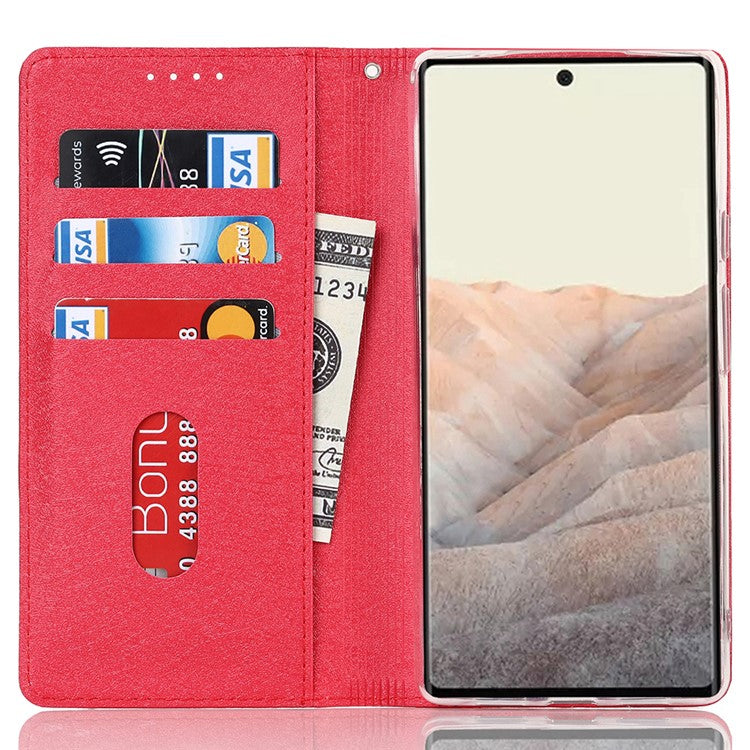 For Google Pixel 6 Anti-scratch Phone Case Anti-fall Shockproof Silk Texture Leather Wallet Cover with Strap - Red