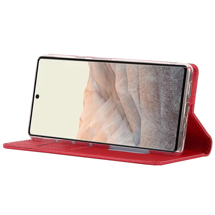 For Google Pixel 6 Anti-scratch Phone Case Anti-fall Shockproof Silk Texture Leather Wallet Cover with Strap - Red