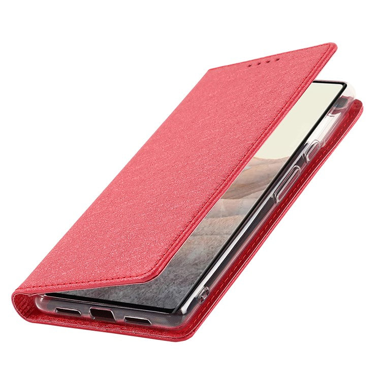 For Google Pixel 6 Anti-scratch Phone Case Anti-fall Shockproof Silk Texture Leather Wallet Cover with Strap - Red