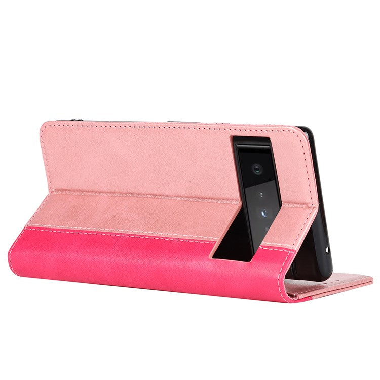 For Google Pixel 6 Auto-absorbed Bi-color Splicing Stylish Anti-scratch Leather Wallet Phone Case with Stand - Rose Gold/Rose