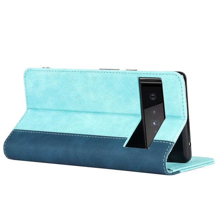 For Google Pixel 6 Auto-absorbed Bi-color Splicing Stylish Anti-scratch Leather Wallet Phone Case with Stand - Light Blue/Dark Blue