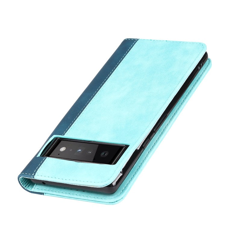 For Google Pixel 6 Auto-absorbed Bi-color Splicing Stylish Anti-scratch Leather Wallet Phone Case with Stand - Light Blue/Dark Blue