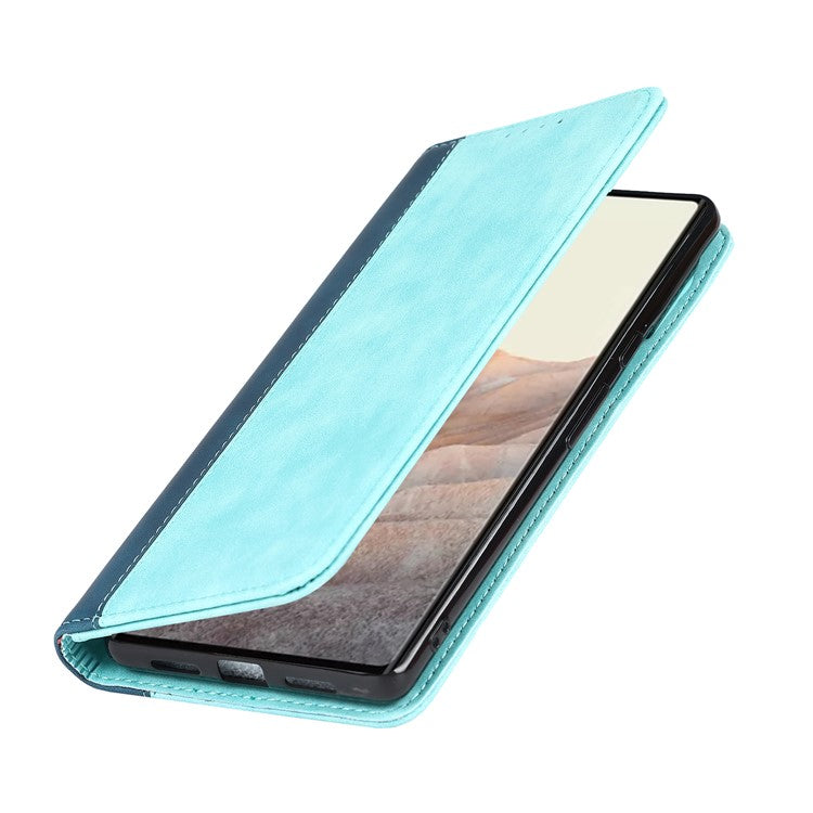 For Google Pixel 6 Auto-absorbed Bi-color Splicing Stylish Anti-scratch Leather Wallet Phone Case with Stand - Light Blue/Dark Blue