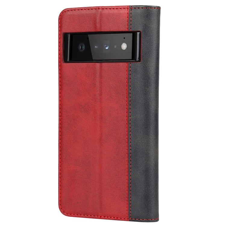 For Google Pixel 6 Auto-absorbed Bi-color Splicing Stylish Anti-scratch Leather Wallet Phone Case with Stand - Red/Black