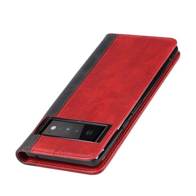 For Google Pixel 6 Auto-absorbed Bi-color Splicing Stylish Anti-scratch Leather Wallet Phone Case with Stand - Red/Black