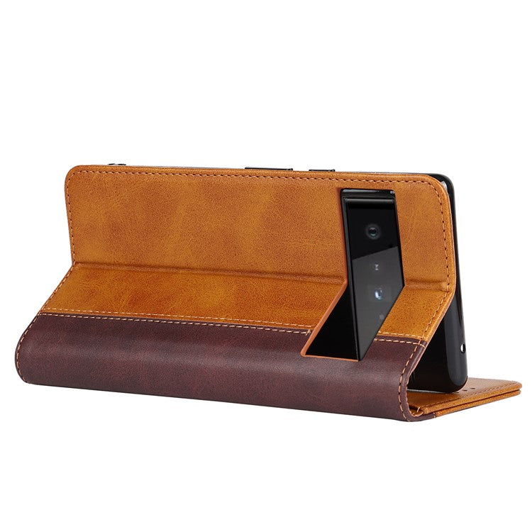 For Google Pixel 6 Auto-absorbed Bi-color Splicing Stylish Anti-scratch Leather Wallet Phone Case with Stand - Yellow/Brown