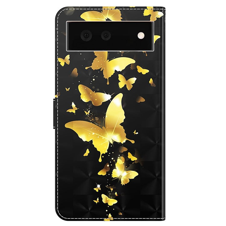 Foldable Stand 3D Pattern Printing PU Leather Wallet Phone Case Shell with Strap for Google Pixel 6a - Golden Butterfly