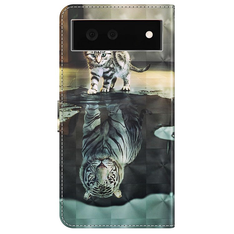 Foldable Stand 3D Pattern Printing PU Leather Wallet Phone Case Shell with Strap for Google Pixel 6a - Cat and Tiger