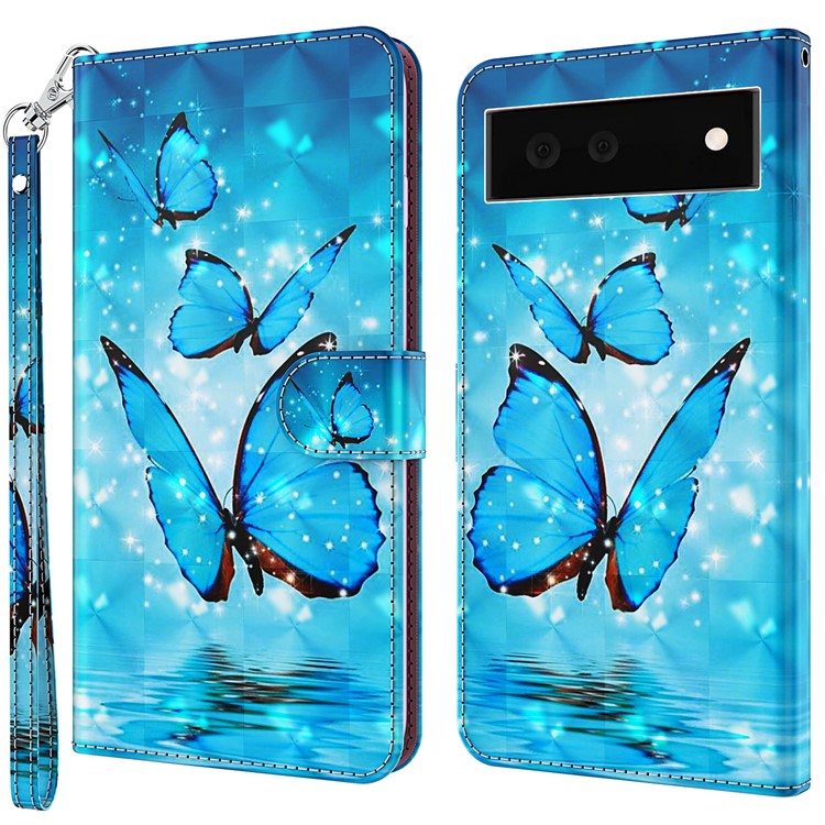 Foldable Stand 3D Pattern Printing PU Leather Wallet Phone Case Shell with Strap for Google Pixel 6a - Blue Butterflies