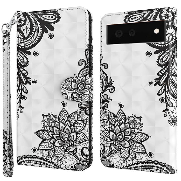 Foldable Stand 3D Pattern Printing PU Leather Wallet Phone Case Shell with Strap for Google Pixel 6a - Lace Flower