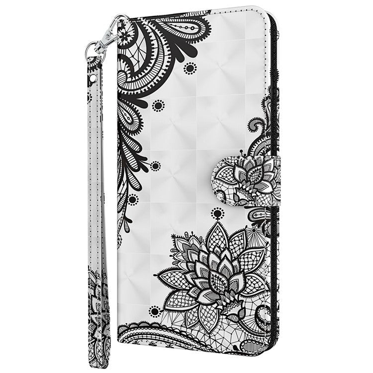 Foldable Stand 3D Pattern Printing PU Leather Wallet Phone Case Shell with Strap for Google Pixel 6a - Lace Flower