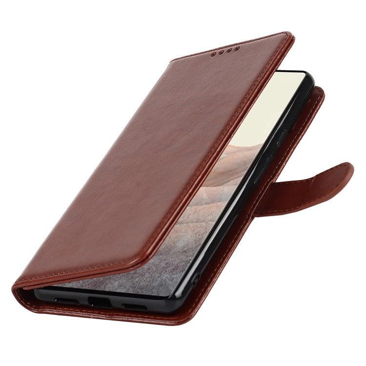 R61 Texture Felled Seam Shockproof Leather Case Wallet Stand Flip Phone Cover with Strap for Google Pixel 6 - Brown