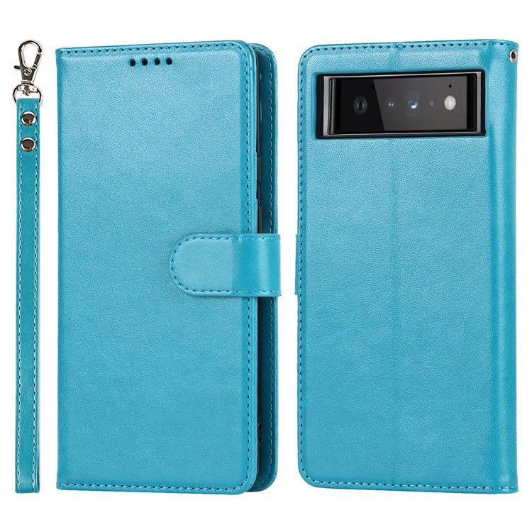 R61 Texture Felled Seam Shockproof Leather Case Wallet Stand Flip Phone Cover with Strap for Google Pixel 6 - Blue