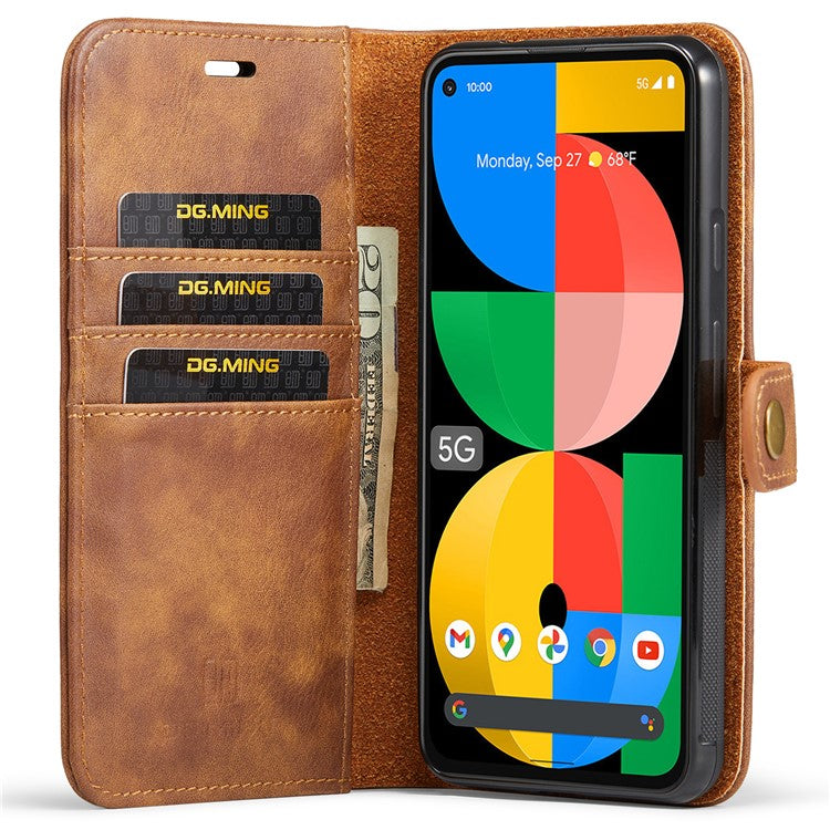 DG.MING Anti-scratch Mobile Phone Bag Split Leather Wallet Full Protection Cover Shell Detachable 2-in-1 TPU Inner Phone Case for Google Pixel 5a 5G - Brown
