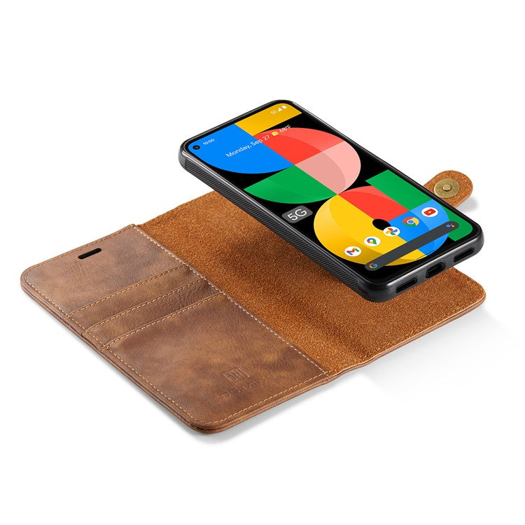 DG.MING Anti-scratch Mobile Phone Bag Split Leather Wallet Full Protection Cover Shell Detachable 2-in-1 TPU Inner Phone Case for Google Pixel 5a 5G - Brown