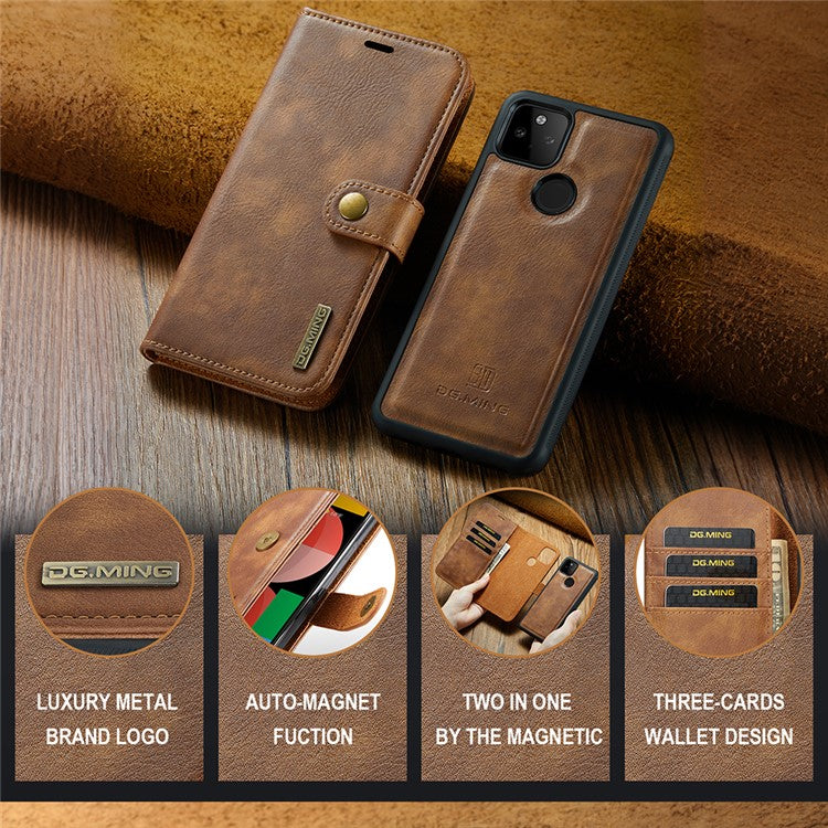 DG.MING Anti-scratch Mobile Phone Bag Split Leather Wallet Full Protection Cover Shell Detachable 2-in-1 TPU Inner Phone Case for Google Pixel 5a 5G - Brown