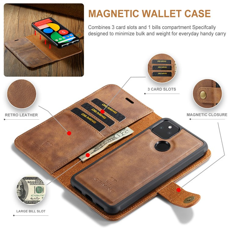 DG.MING Anti-scratch Mobile Phone Bag Split Leather Wallet Full Protection Cover Shell Detachable 2-in-1 TPU Inner Phone Case for Google Pixel 5a 5G - Brown