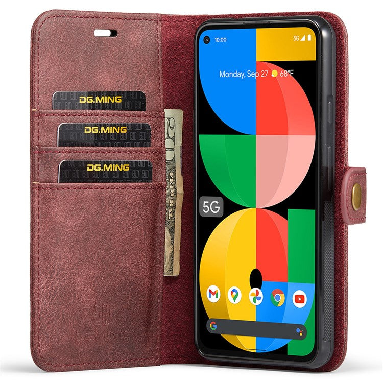 DG.MING Anti-scratch Mobile Phone Bag Split Leather Wallet Full Protection Cover Shell Detachable 2-in-1 TPU Inner Phone Case for Google Pixel 5a 5G - Red