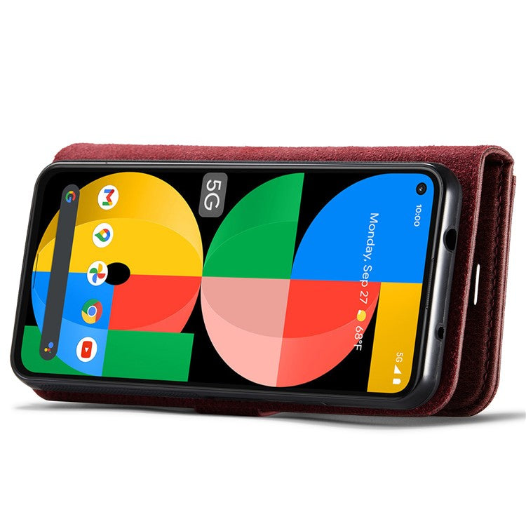 DG.MING Anti-scratch Mobile Phone Bag Split Leather Wallet Full Protection Cover Shell Detachable 2-in-1 TPU Inner Phone Case for Google Pixel 5a 5G - Red