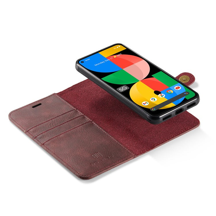 DG.MING Anti-scratch Mobile Phone Bag Split Leather Wallet Full Protection Cover Shell Detachable 2-in-1 TPU Inner Phone Case for Google Pixel 5a 5G - Red