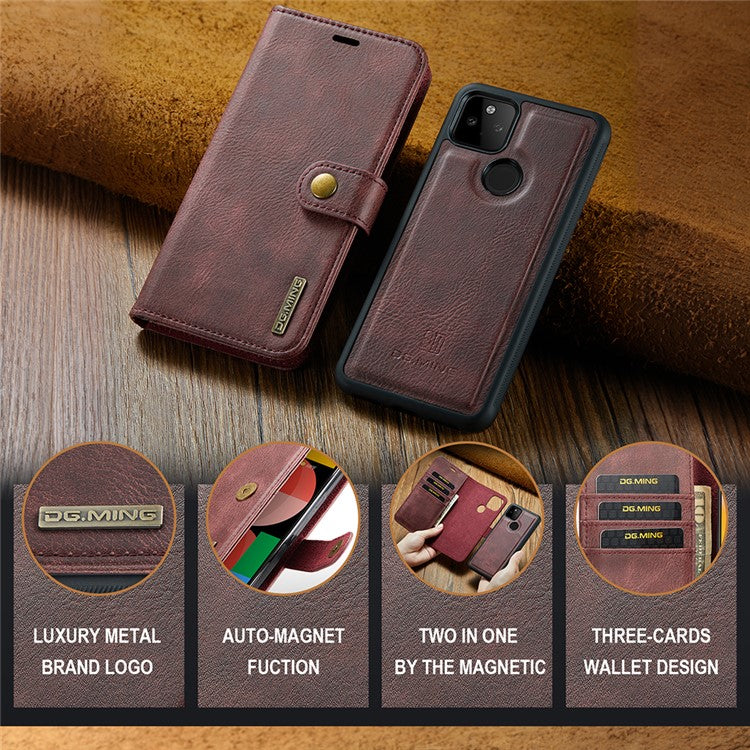 DG.MING Anti-scratch Mobile Phone Bag Split Leather Wallet Full Protection Cover Shell Detachable 2-in-1 TPU Inner Phone Case for Google Pixel 5a 5G - Red