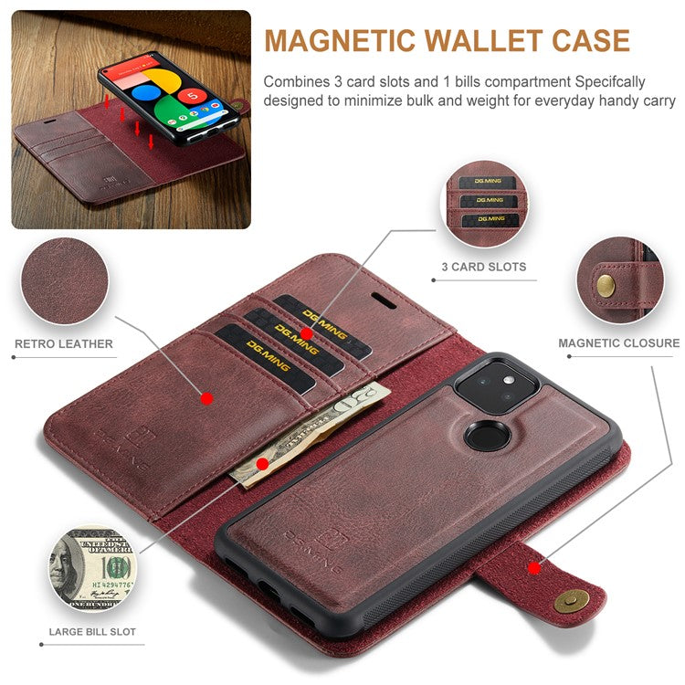 DG.MING Anti-scratch Mobile Phone Bag Split Leather Wallet Full Protection Cover Shell Detachable 2-in-1 TPU Inner Phone Case for Google Pixel 5a 5G - Red