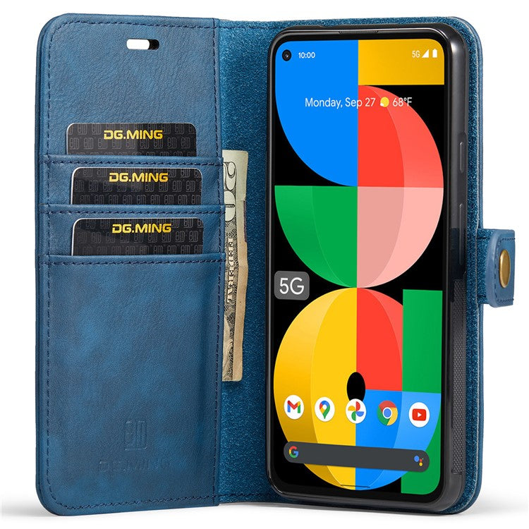 DG.MING Anti-scratch Mobile Phone Bag Split Leather Wallet Full Protection Cover Shell Detachable 2-in-1 TPU Inner Phone Case for Google Pixel 5a 5G - Blue