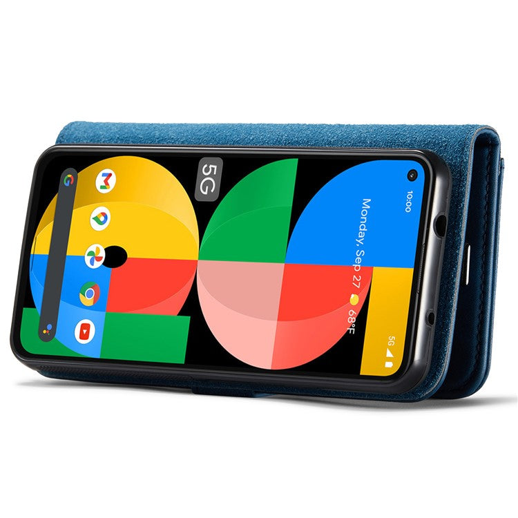 DG.MING Anti-scratch Mobile Phone Bag Split Leather Wallet Full Protection Cover Shell Detachable 2-in-1 TPU Inner Phone Case for Google Pixel 5a 5G - Blue
