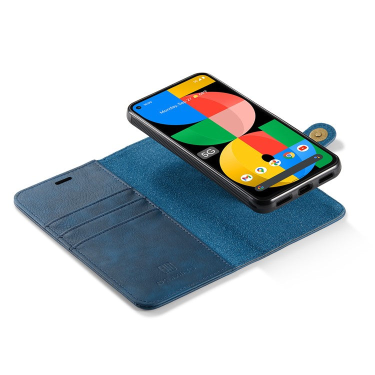 DG.MING Anti-scratch Mobile Phone Bag Split Leather Wallet Full Protection Cover Shell Detachable 2-in-1 TPU Inner Phone Case for Google Pixel 5a 5G - Blue