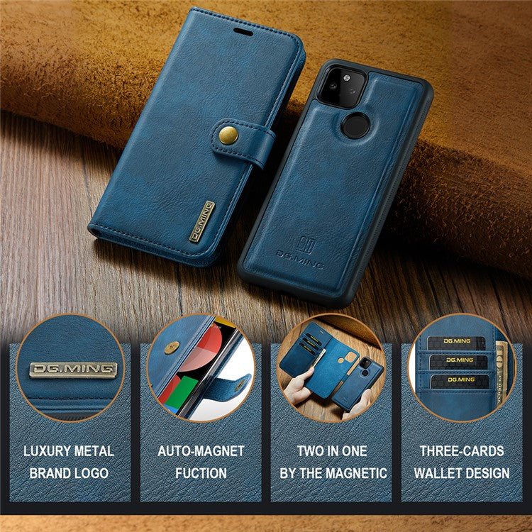 DG.MING Anti-scratch Mobile Phone Bag Split Leather Wallet Full Protection Cover Shell Detachable 2-in-1 TPU Inner Phone Case for Google Pixel 5a 5G - Blue