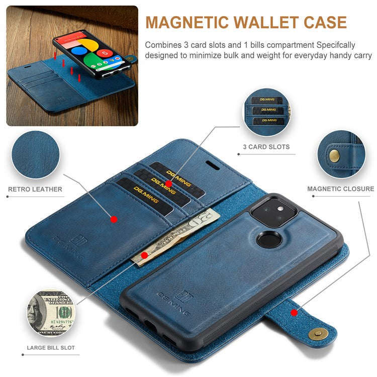 DG.MING Anti-scratch Mobile Phone Bag Split Leather Wallet Full Protection Cover Shell Detachable 2-in-1 TPU Inner Phone Case for Google Pixel 5a 5G - Blue
