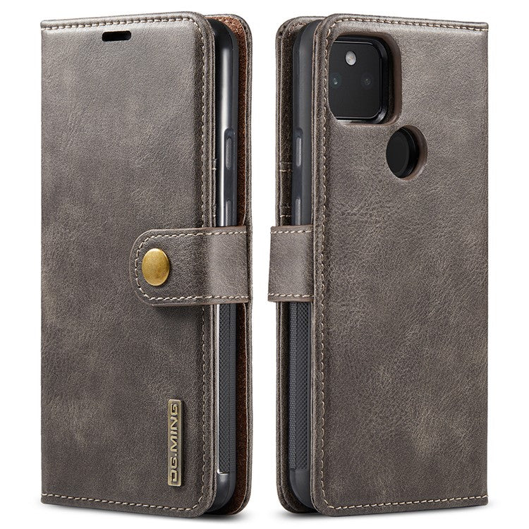 DG.MING Anti-scratch Mobile Phone Bag Split Leather Wallet Full Protection Cover Shell Detachable 2-in-1 TPU Inner Phone Case for Google Pixel 5a 5G - Grey
