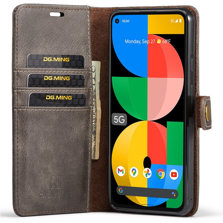 DG.MING Anti-scratch Mobile Phone Bag Split Leather Wallet Full Protection Cover Shell Detachable 2-in-1 TPU Inner Phone Case for Google Pixel 5a 5G - Grey
