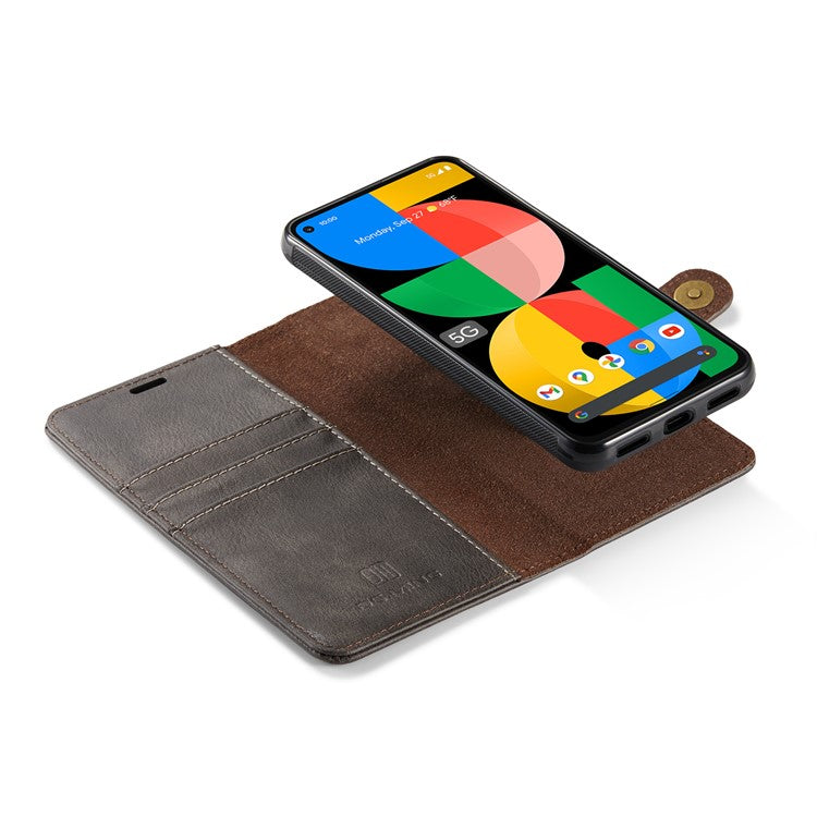 DG.MING Anti-scratch Mobile Phone Bag Split Leather Wallet Full Protection Cover Shell Detachable 2-in-1 TPU Inner Phone Case for Google Pixel 5a 5G - Grey
