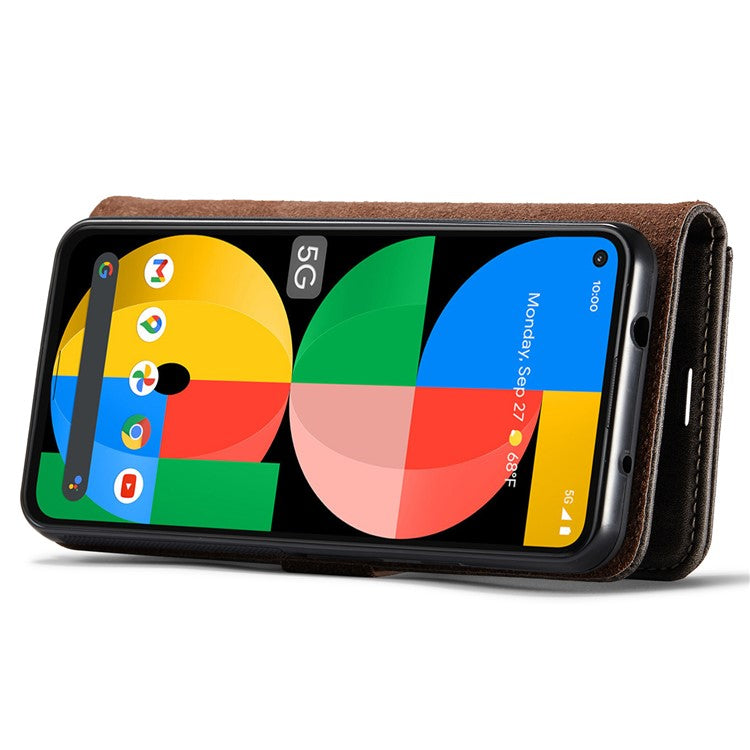 DG.MING Anti-scratch Mobile Phone Bag Split Leather Wallet Full Protection Cover Shell Detachable 2-in-1 TPU Inner Phone Case for Google Pixel 5a 5G - Grey