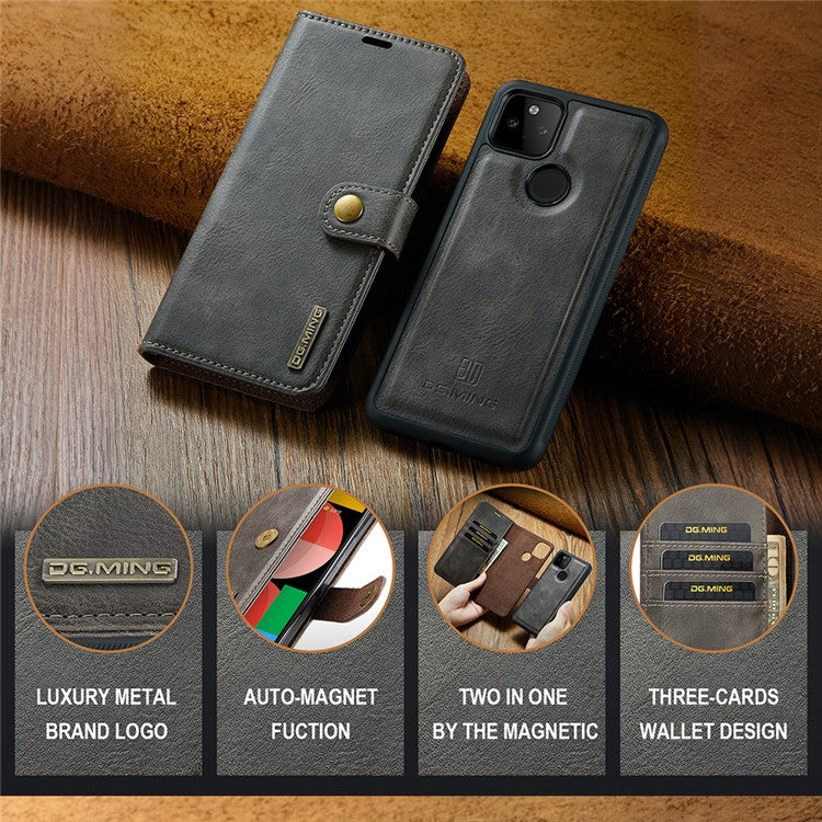 DG.MING Anti-scratch Mobile Phone Bag Split Leather Wallet Full Protection Cover Shell Detachable 2-in-1 TPU Inner Phone Case for Google Pixel 5a 5G - Grey