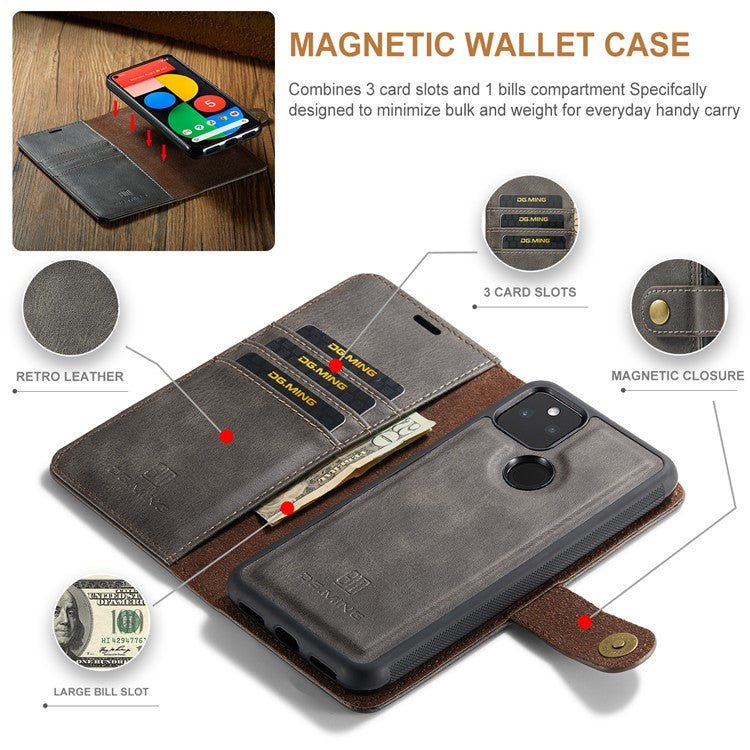 DG.MING Anti-scratch Mobile Phone Bag Split Leather Wallet Full Protection Cover Shell Detachable 2-in-1 TPU Inner Phone Case for Google Pixel 5a 5G - Grey