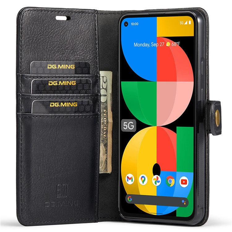 DG.MING Anti-scratch Mobile Phone Bag Split Leather Wallet Full Protection Cover Shell Detachable 2-in-1 TPU Inner Phone Case for Google Pixel 5a 5G - Black