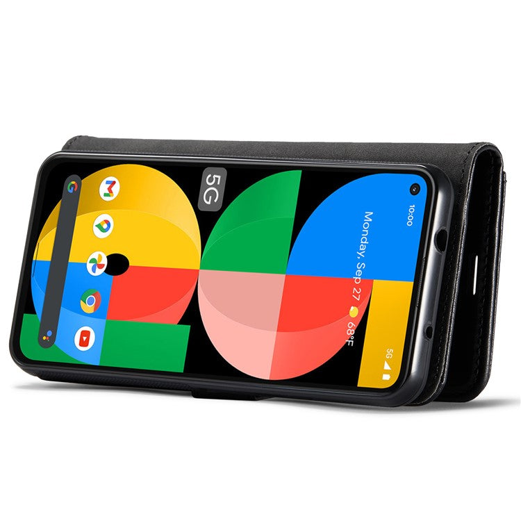 DG.MING Anti-scratch Mobile Phone Bag Split Leather Wallet Full Protection Cover Shell Detachable 2-in-1 TPU Inner Phone Case for Google Pixel 5a 5G - Black