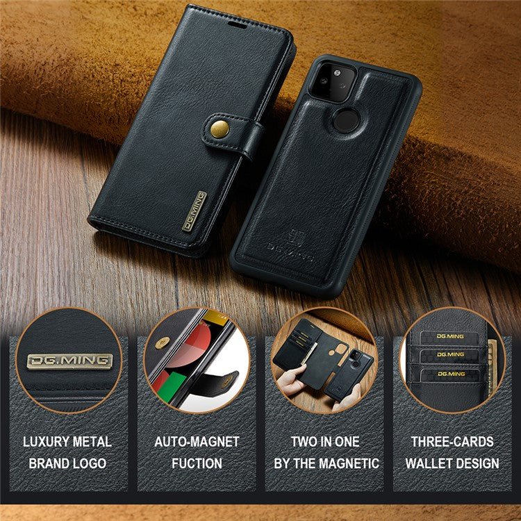 DG.MING Anti-scratch Mobile Phone Bag Split Leather Wallet Full Protection Cover Shell Detachable 2-in-1 TPU Inner Phone Case for Google Pixel 5a 5G - Black