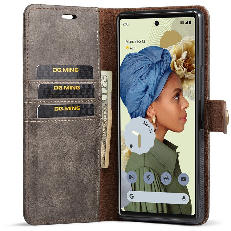 DG.MING Split Leather+TPU Inner Phone Case Wallet Magnetic Detachable 2-in-1 Phone Covering for Google Pixel 6 Pro - Grey