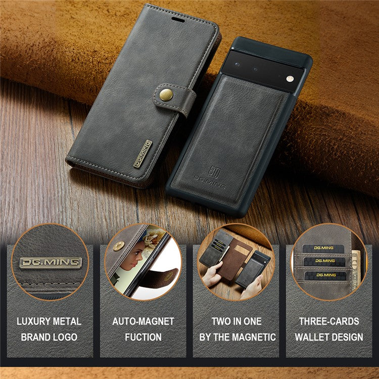DG.MING Split Leather+TPU Inner Phone Case Wallet Magnetic Detachable 2-in-1 Phone Covering for Google Pixel 6 Pro - Grey