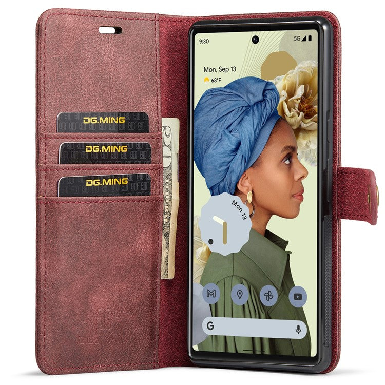DG.MING Split Leather+TPU Inner Phone Case Wallet Magnetic Detachable 2-in-1 Phone Covering for Google Pixel 6 Pro - Red