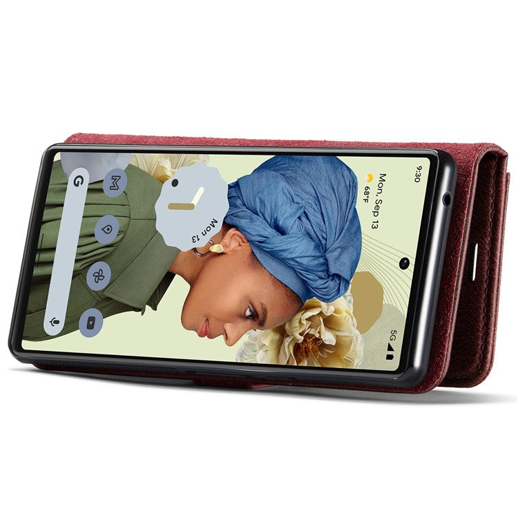 DG.MING Split Leather+TPU Inner Phone Case Wallet Magnetic Detachable 2-in-1 Phone Covering for Google Pixel 6 Pro - Red