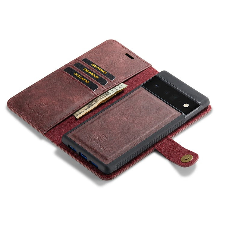 DG.MING Split Leather+TPU Inner Phone Case Wallet Magnetic Detachable 2-in-1 Phone Covering for Google Pixel 6 Pro - Red