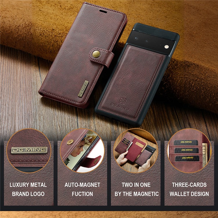 DG.MING Split Leather+TPU Inner Phone Case Wallet Magnetic Detachable 2-in-1 Phone Covering for Google Pixel 6 Pro - Red