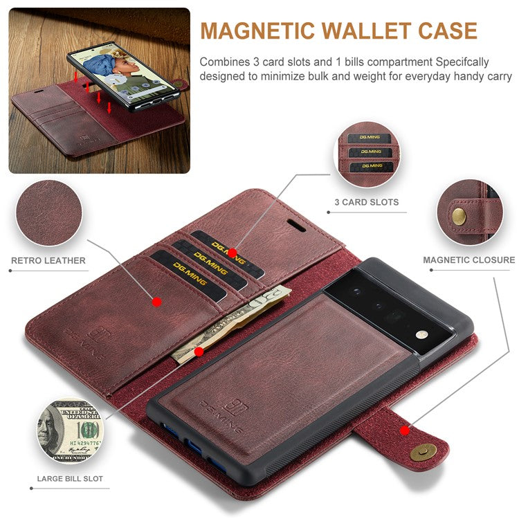 DG.MING Split Leather+TPU Inner Phone Case Wallet Magnetic Detachable 2-in-1 Phone Covering for Google Pixel 6 Pro - Red