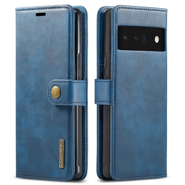 DG.MING Split Leather+TPU Inner Phone Case Wallet Magnetic Detachable 2-in-1 Phone Covering for Google Pixel 6 Pro - Blue