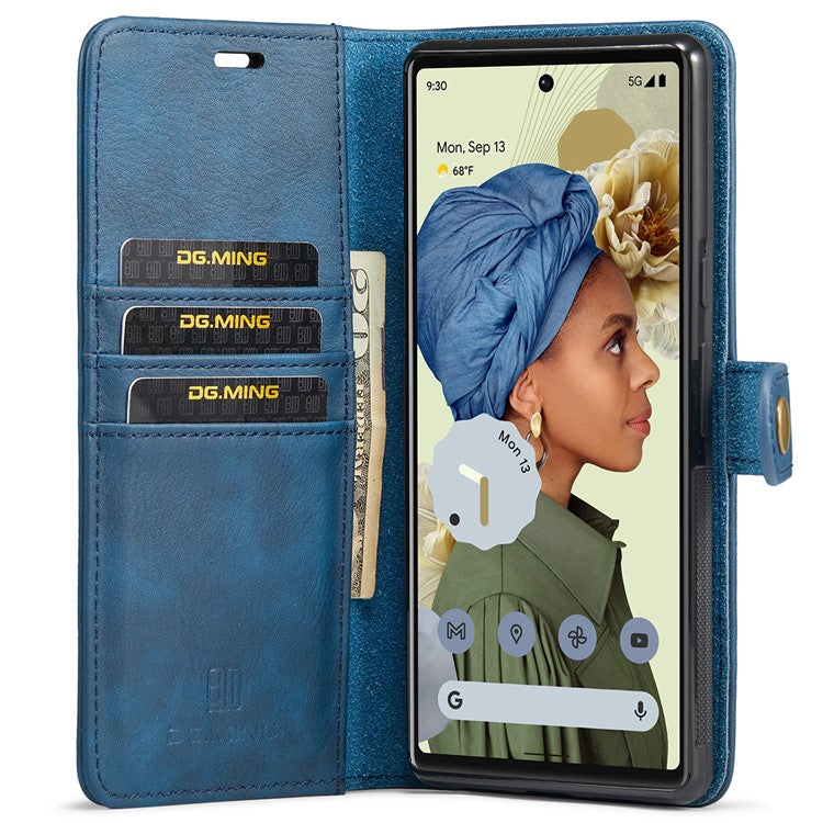 DG.MING Split Leather+TPU Inner Phone Case Wallet Magnetic Detachable 2-in-1 Phone Covering for Google Pixel 6 Pro - Blue